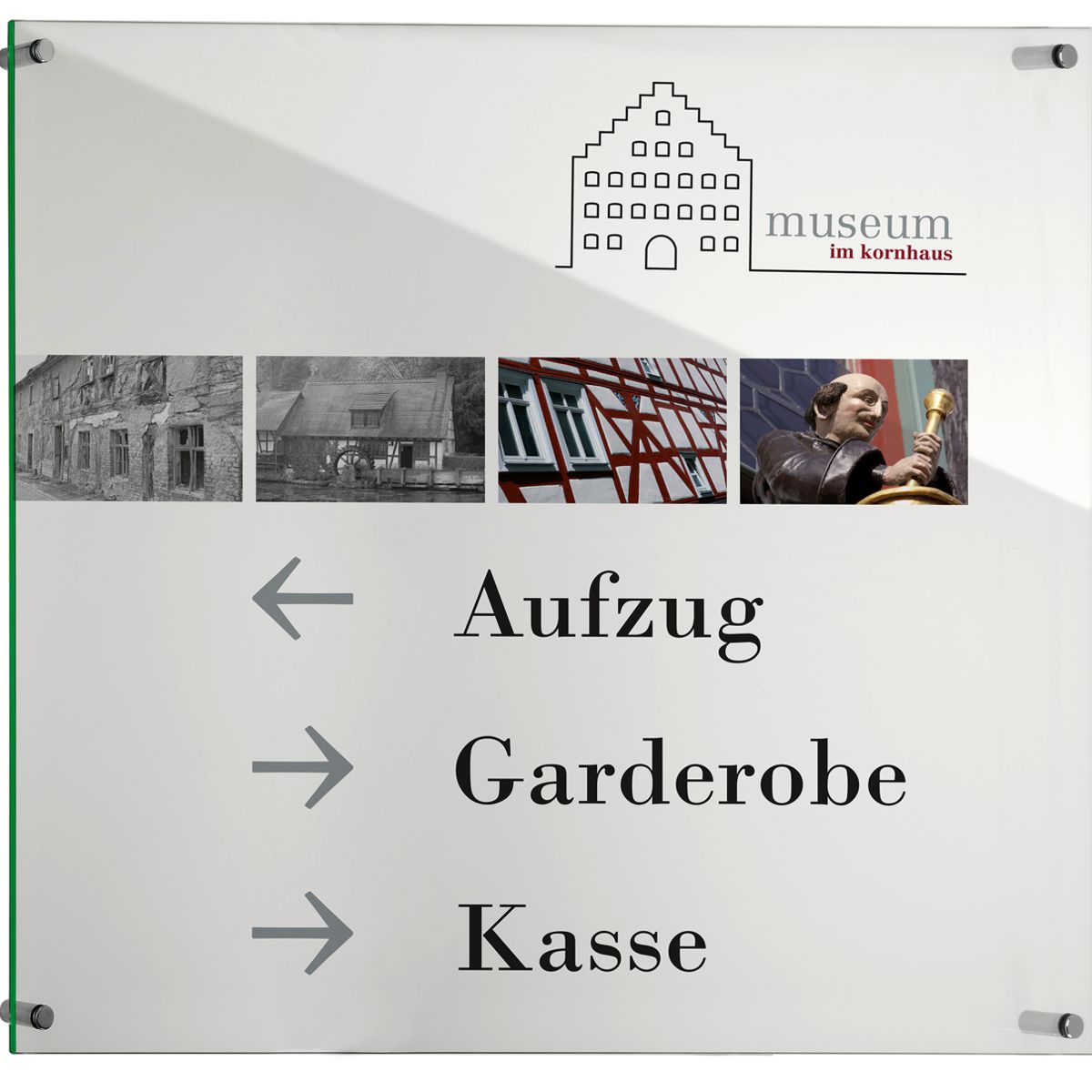 Wandschild, Modell Galerie, 1 Scheibe ESG, 400 x 400 mm, 4 Abstandhalter (25 mm Wandabstand, mit Bolzen)