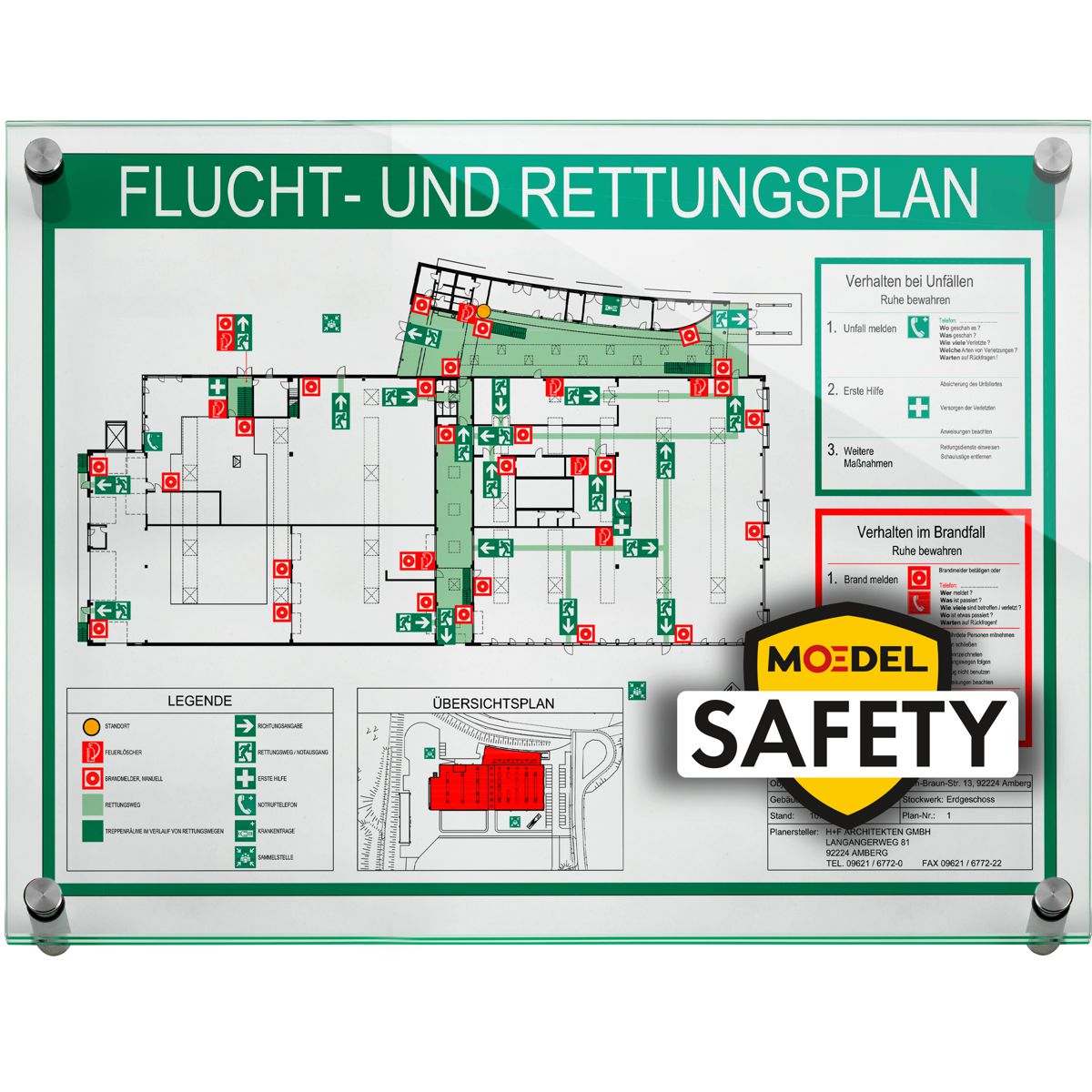 Rahmen Moedel Safety, 2 Scheiben ESG, DIN A4 (210 x 297 mm), 4 Abstandhalter (15 mm Wandabstand, mit Bolzen)