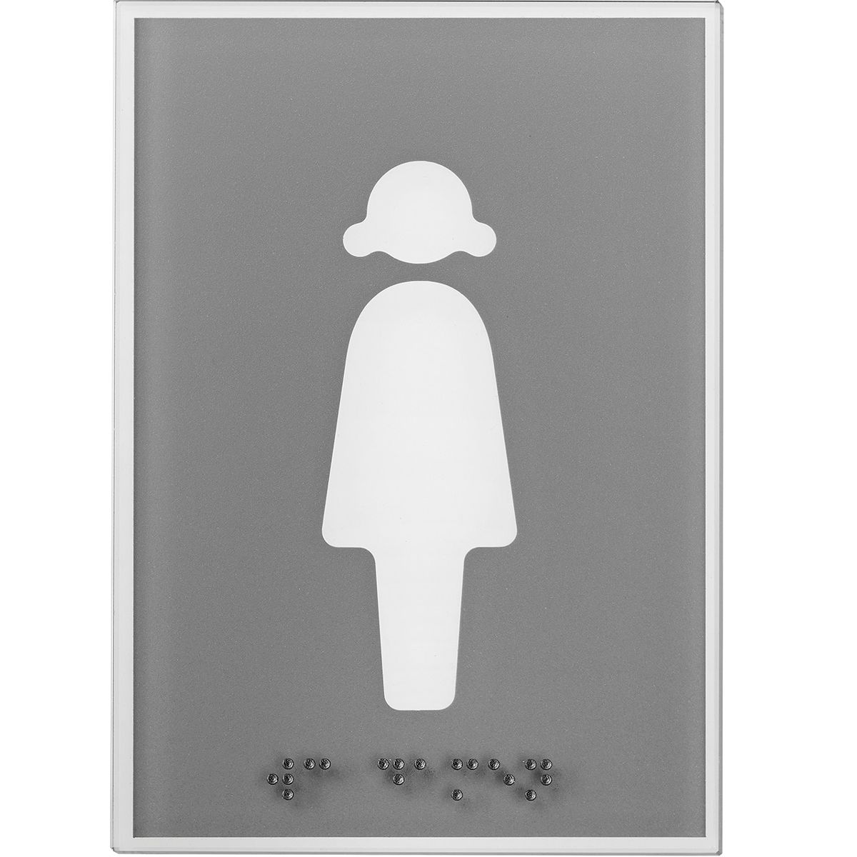 WC Schild Damen aus Glas mit hellgrauem Motiv, 148 x 105 mm (H x B), Klebemontage, mit tastbarer Braille Schrift